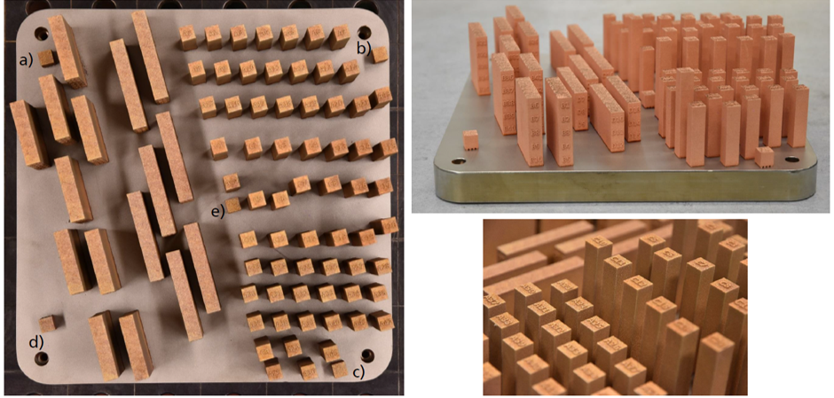 Figure 1 - Build layout for tensile and stress rupture samples (images courtesy of Fraunhofer ILT)