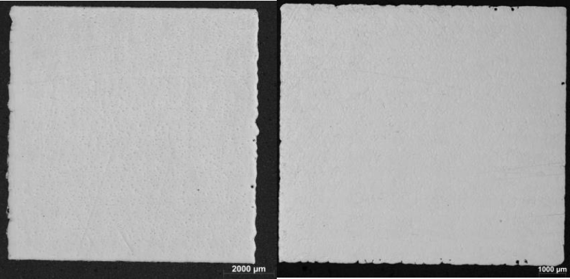 Figure 3 - Micrographs of two Cu samples produced by 3T-AM on a 1 kW LPBF machine
