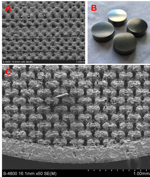 Figure 4 - Images demonstrating delamination (A), the final samples (B) and the final porosity achieved after further post-processing development (C)